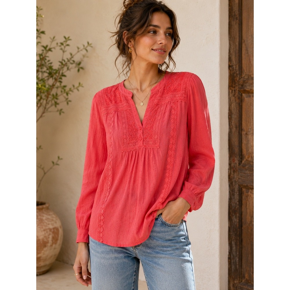 Anthropologie Leifnotes Coral Swiss Dot Embroidered Lace Boho Blouse 4 Cotton